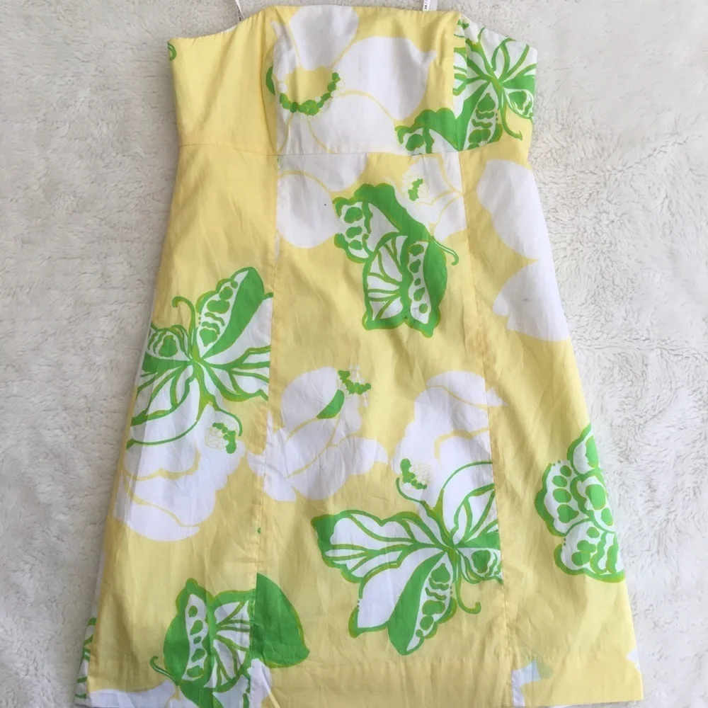 Lilly Pulitzer Yellow Strapless Floral Dress with Green and White Print - Picture 1 of 7